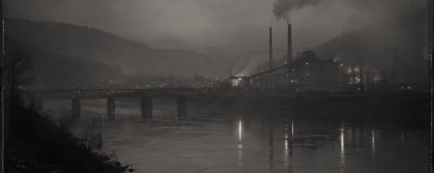 Plate 68 — River valley industrial works, rail bridge, night