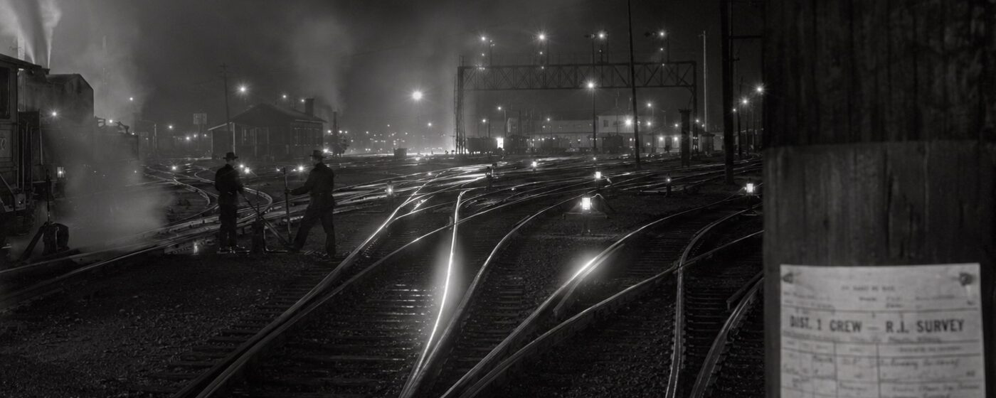 Plate 98 — Rail switching yard, night operations, Inland Works District