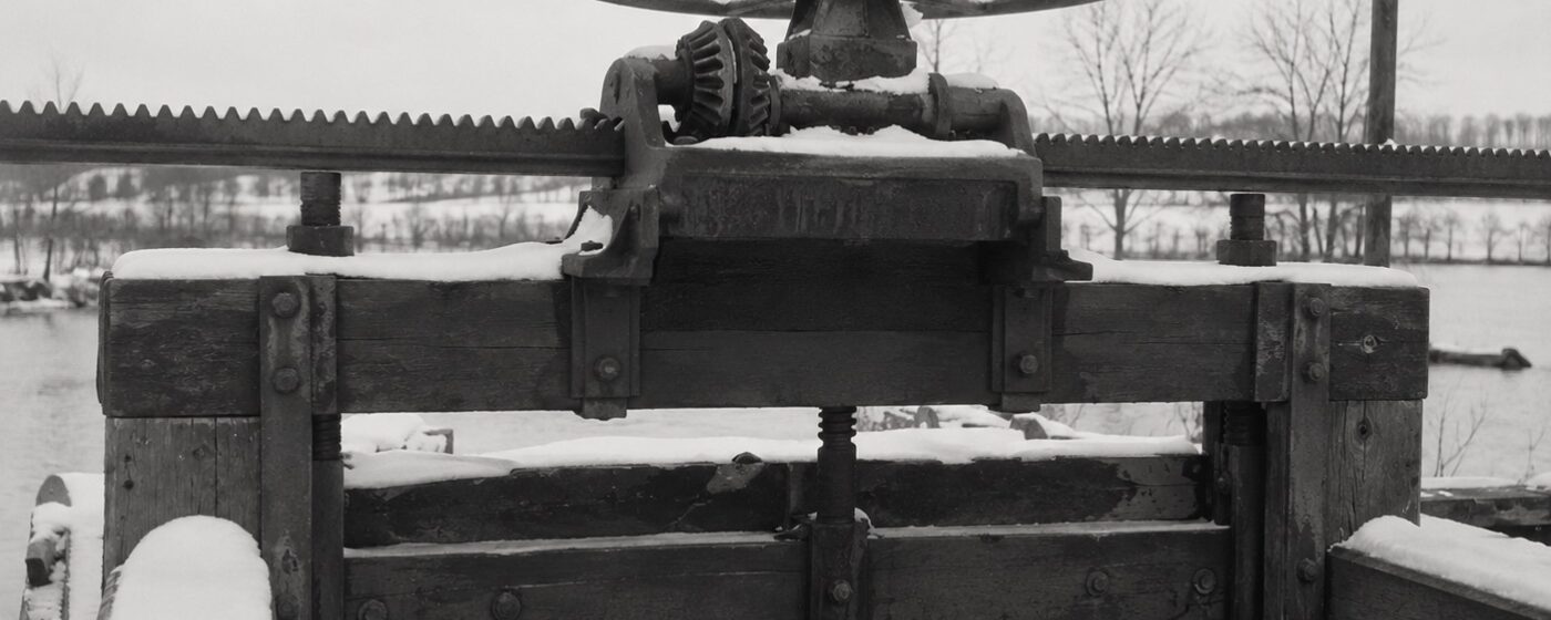 Plate 107 — Sluice gate mechanism, winter, River Improvement District