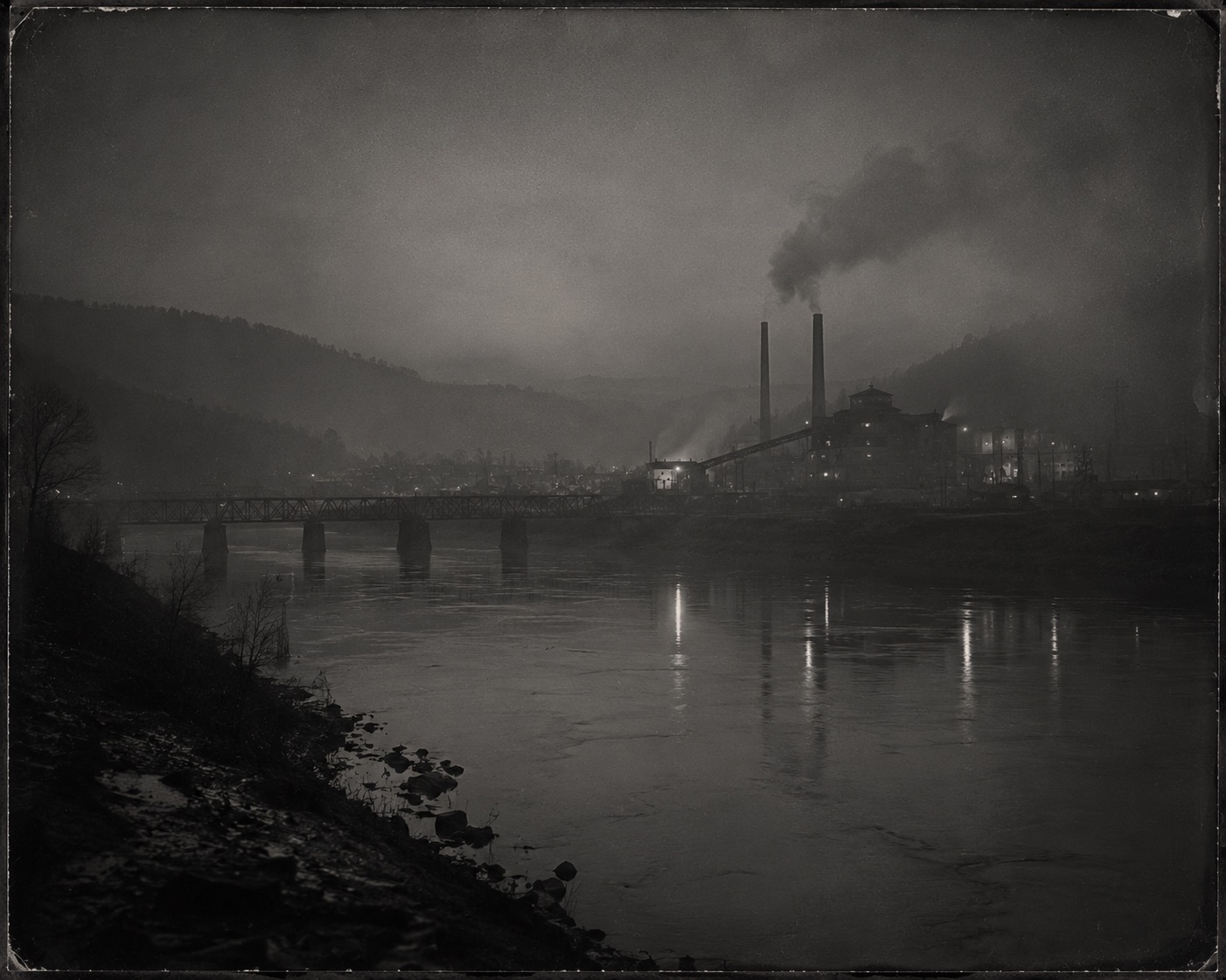 Plate 68 — River valley industrial works, rail bridge, night